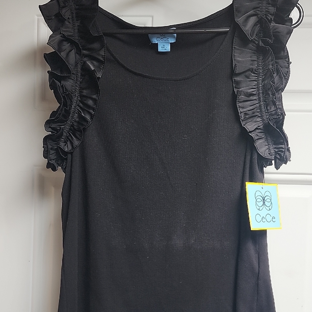 CeCe Black Ruffle-Sleeve Tank Top
